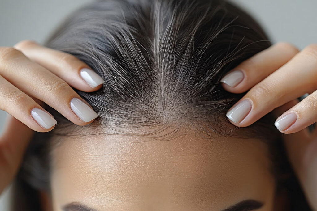 Woman with elegant white nails massages her scalp