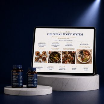 Shake It Off capsules, Happy Go Tummy capsules and the Shake It Off System shown on a tablet